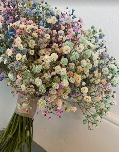 A totally unique bridal bouquet made up of different coloured gypsophela
